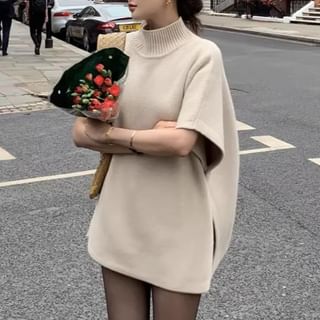 Coris-Short-Sleeve Mock Neck Slit Hem Plain Knit Top