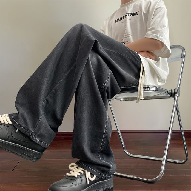 Priam-Drawstring Waist Washed Loose Fit Jeans