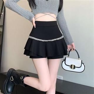 Everose-High Rise Rhinestone Mini A-Line Skirt
