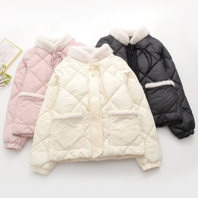 PANDAGO-Stand Collar Fluffy Trim Quilted Frog Buttoned Zip-Up Jacket