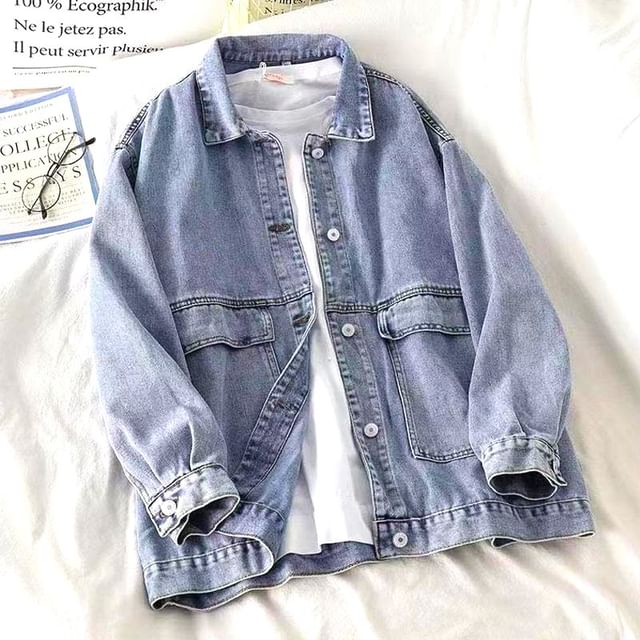 DIYI-Washed Pocket Detail Denim Single-Breasted Jacket