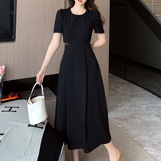 Ango - Short-Sleeve Round Neck Plain Cutout Midi A-Line Dress | YesStyle