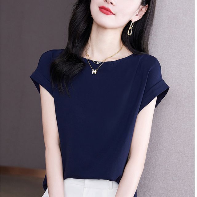 Everose-Short-Sleeve Plain Blouse
