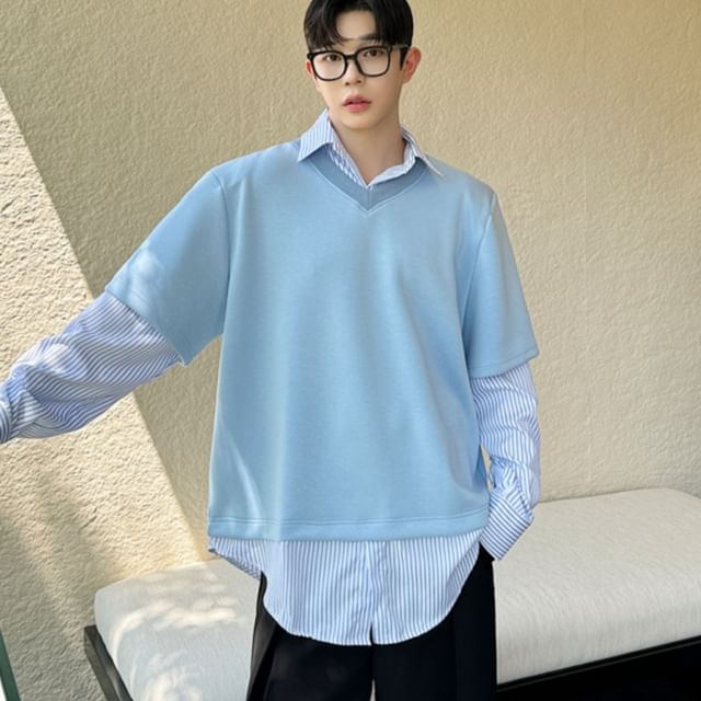 Freehop-Mock Two-Piece Collared Sweatshirt