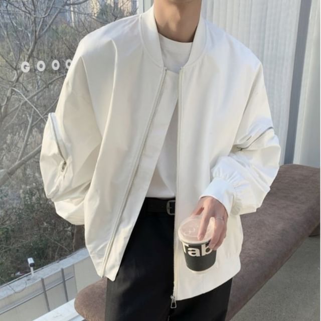 Freehop-V-Neck Zip-Up Plain Jacket