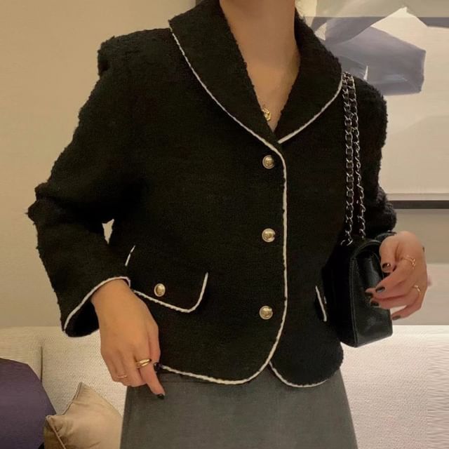 Jesong-Collared Contrast Trim Tweed Button Jacket