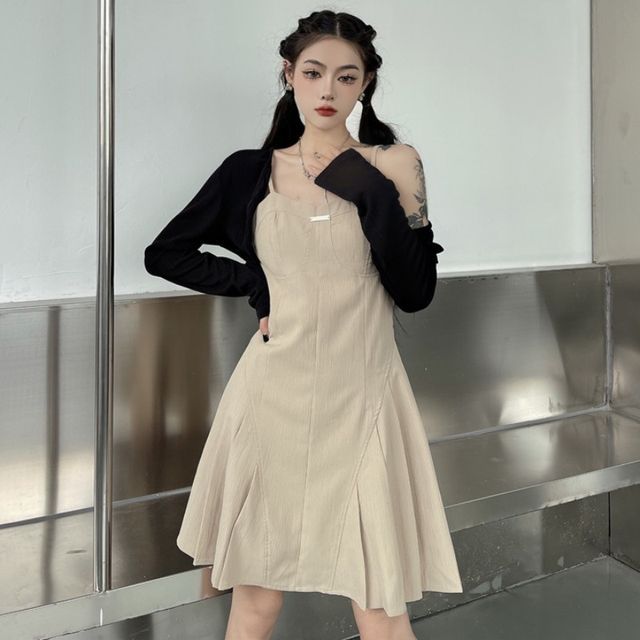 beige spaghetti strap dress Kathaleya Puff Sleeve Midi Dress main image 0