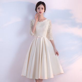 Wonhi - Lace Panel Elbow-Sleeve A-Line Evening Gown / Lace Panel Elbow ...