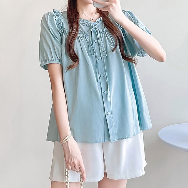 Shinsei-Maternity Short-Sleeve Plain Frill Trim Blouse