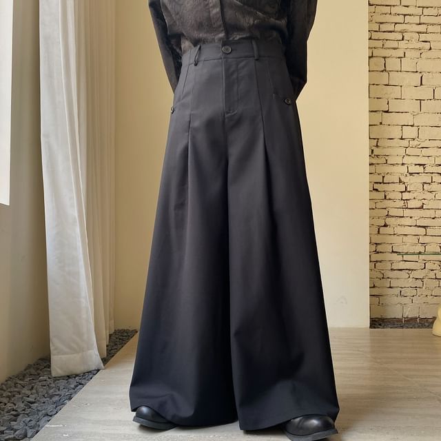 ravewider-High Waist Plain Wide Leg Pants