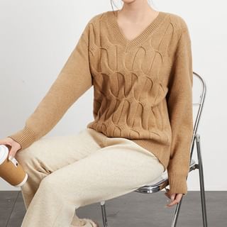 Magimomo-V-Neck Plain Cable Knit Sweater