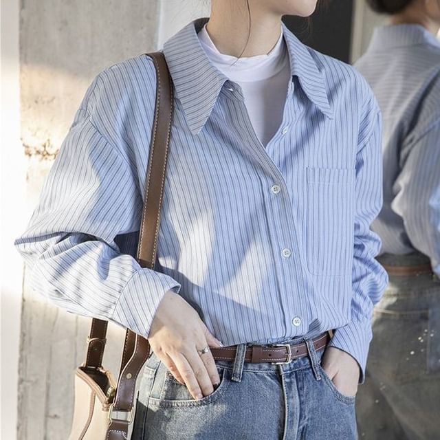 Sienne-Long Sleeve Collared Striped Shirt