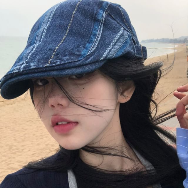 Sparktage-Striped Washed Denim Flat Cap