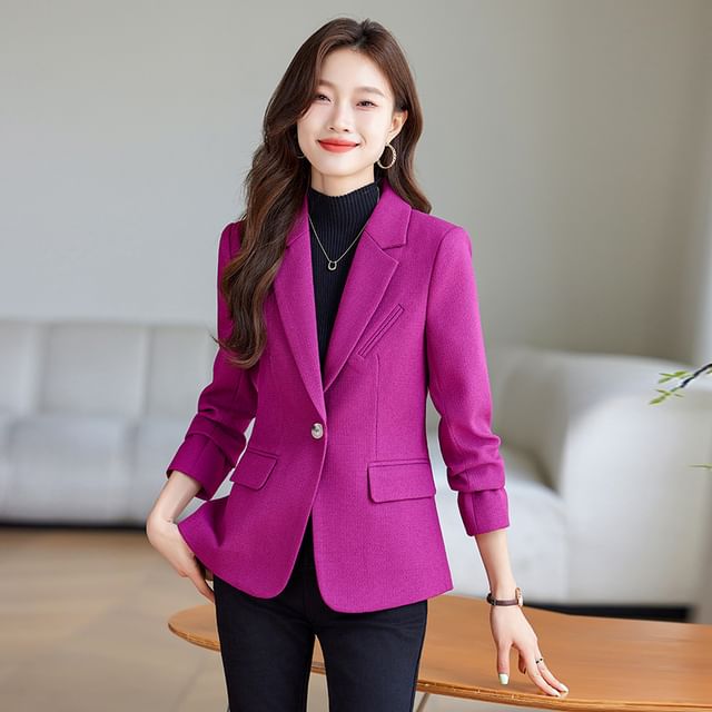 Skyheart-Notch Lapel Plain Single-Button Blazer