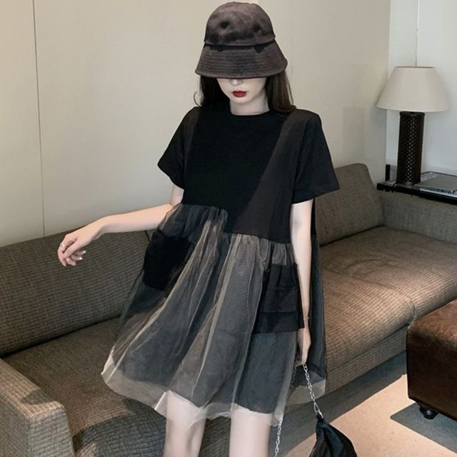 Mesh Panel Mini A-Line T-Shirt Dress 
