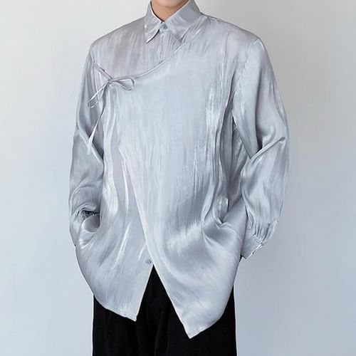 Long-Sleeve Collared Plain Panel Tie-Up Shirt