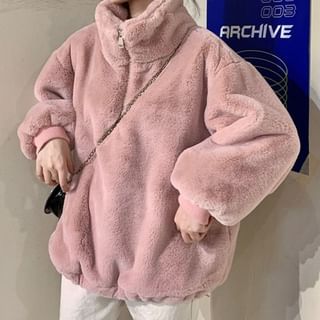 Gilmort-Stand Collar Plain Fluffy Half Zip Jacket
