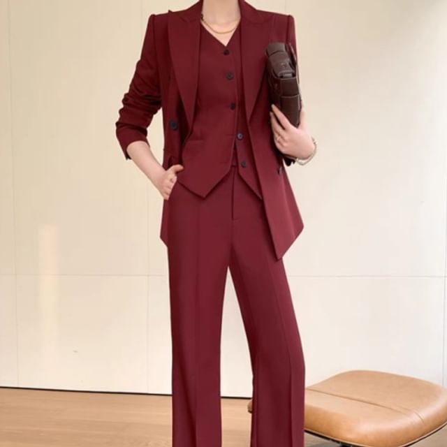 Yilda-Set Peak Lapel Plain Double-Breasted Blazer V-Neck Button Vest High Rise Straight Leg Dress Pants