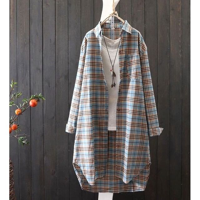 Lewwe-Long-Sleeve Plaid Long Shirt