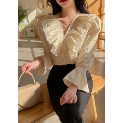 chuu - Bell-Cuff Frilled Crochet Blouse chuu - Bell-Cuff Frilled Crochet Blouse