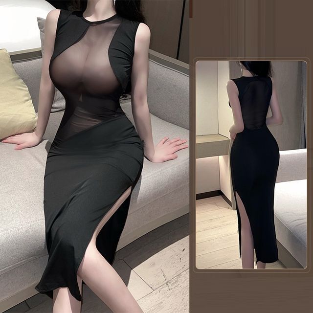 Candyiry-Sleeveless Round Neck Plain Mesh Panel Slit Midi Nightdress