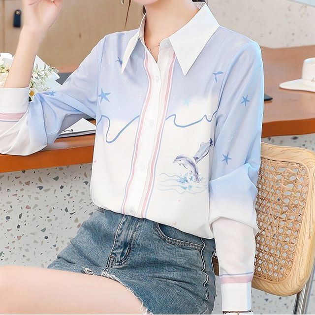 Kotoba - Collared Dolphin Print Gradient Shirt