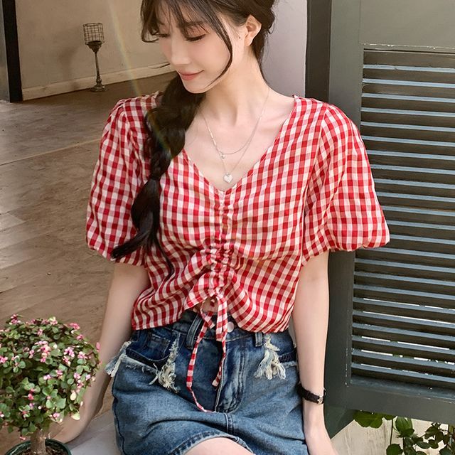 Gingham Puff Sleeve Top ASOS DESIGN Tie Back Puff Sleeve Smock Top