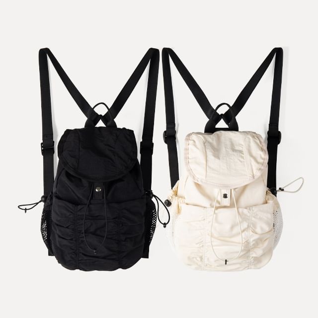 TangTangBags-Plain Ruched Nylon Flap Backpack
