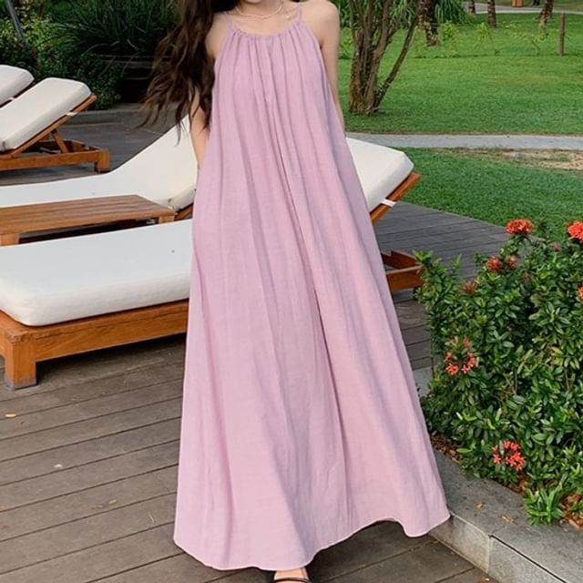 monroll-Spaghetti Strap Plain Maxi A-Line Dress