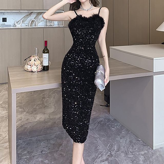 slim fit dress slacks Starburst Rose Gold Long Sleeve Sequin Bodycon Midi Dress