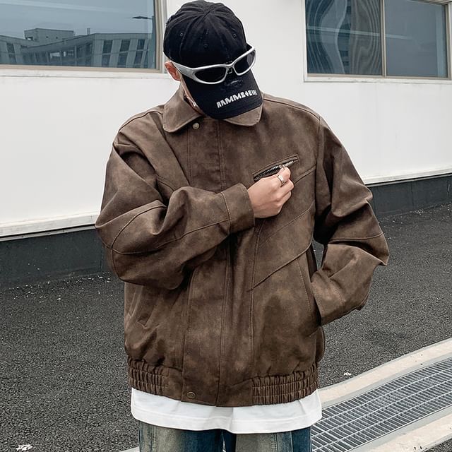 Trimecca-Collared Plain Faux Leather Zip Jacket