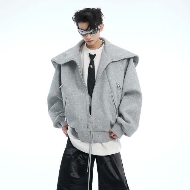 kooklay-Collared Plain Zip Jacket