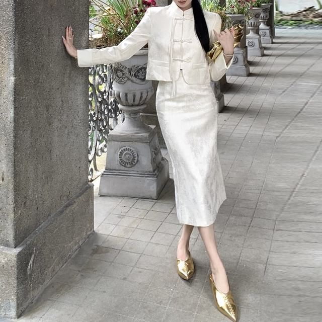 Magma-Set Mandarin Collar Jacquard Frog Closure Jacket High Waist Midi Pencil Skirt