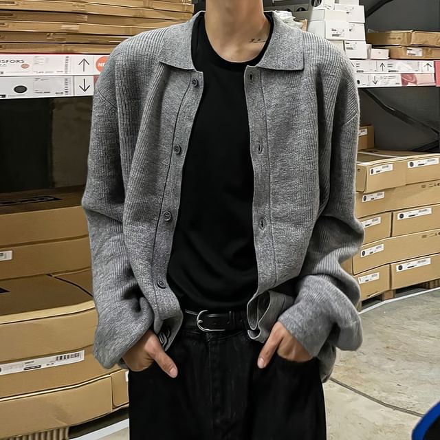 Okwano-Collar Plain Cardigan