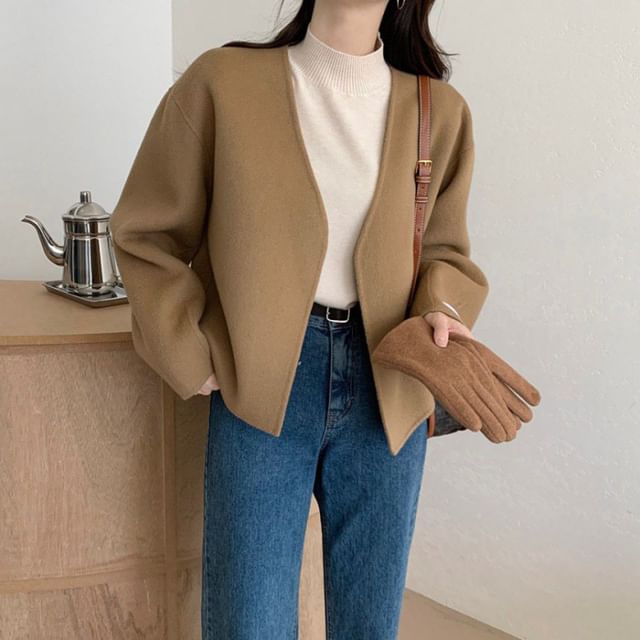 Essere-V-Neck Open Front Plain Jacket