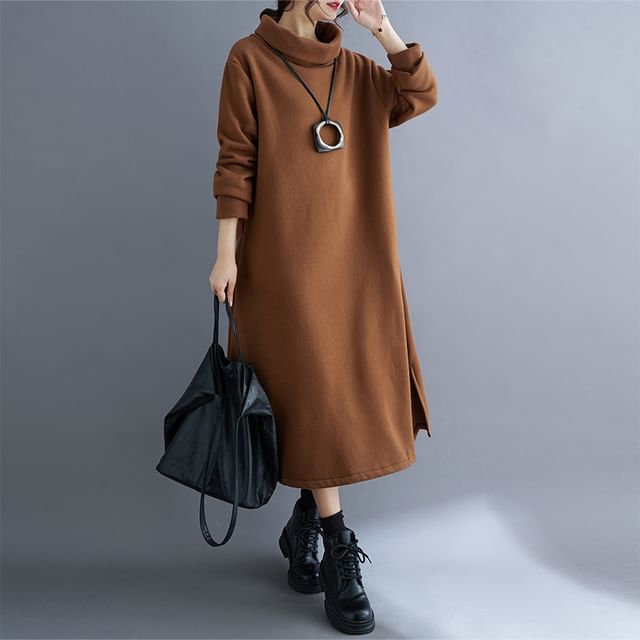 INEN - Turtleneck Plain Slit Midi A-Line Sweatshirt Dress | YesStyle