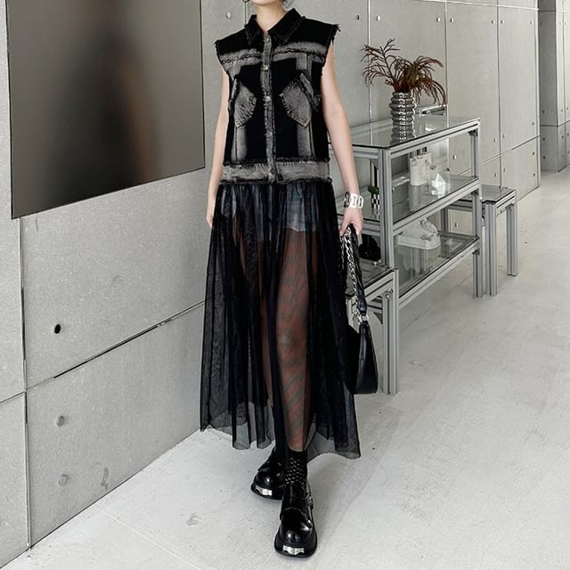 KUMI-Cap-Sleeve Mesh Maxi A-Line Dress