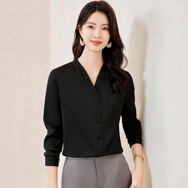 Skyheart-V-Neck Long Sleeve Plain Blouse