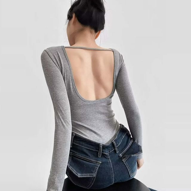 Ulark-Long Sleeve Round Neck Plain Backless Padded Bodysuit Top