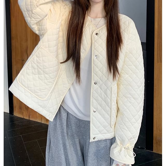 Trendycas-V-Neck Plain Quilted Button Jacket