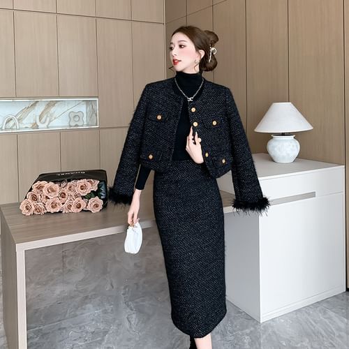 Set: Double breasted Tweed Jacket + High Waist Midi Skirt