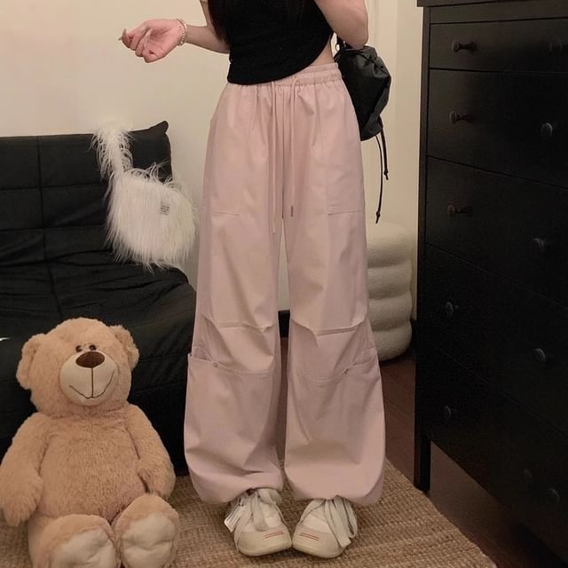 Trendycas-High Rise Plain Baggy Cargo Pants