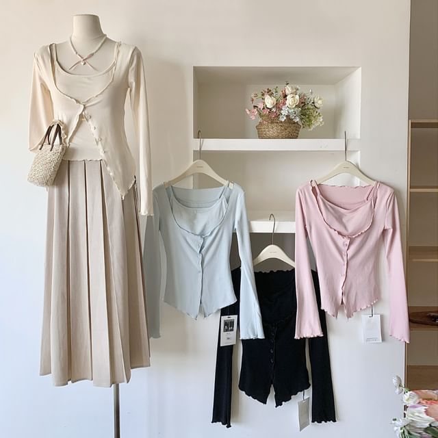 Dute-Set Plain Cami Top Scoop Neck Cardigan