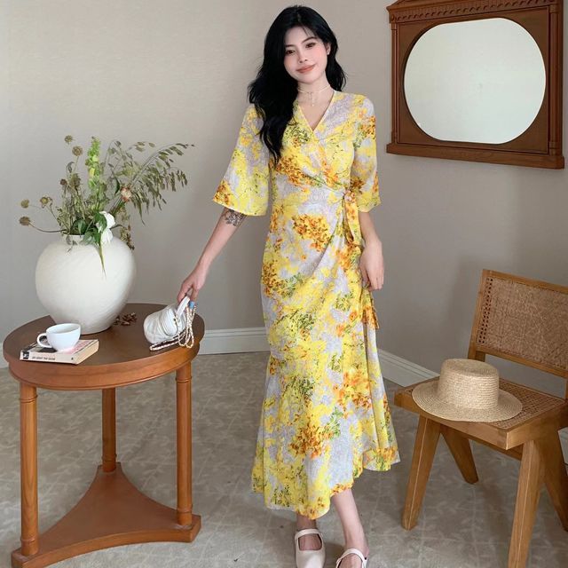 chinese dress ladies Sheer Tencel A-Line Midi Wrap Dress with Button Detail in Beige M / Oak Beige / Shell: 80% Lyocell 15% Recycled Polyester Lining: 100% Recycled main image 1