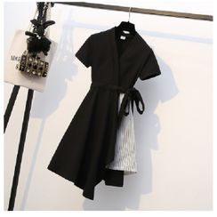 Onespark - Mock Two-Piece Short-Sleeve Striped Panel A-Line Dress Onespark - Mock Two-Piece Short-Sleeve Striped Panel A-Line Dress