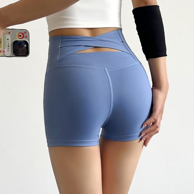 femmal-High Waist Plain Cutout Yoga Shorts