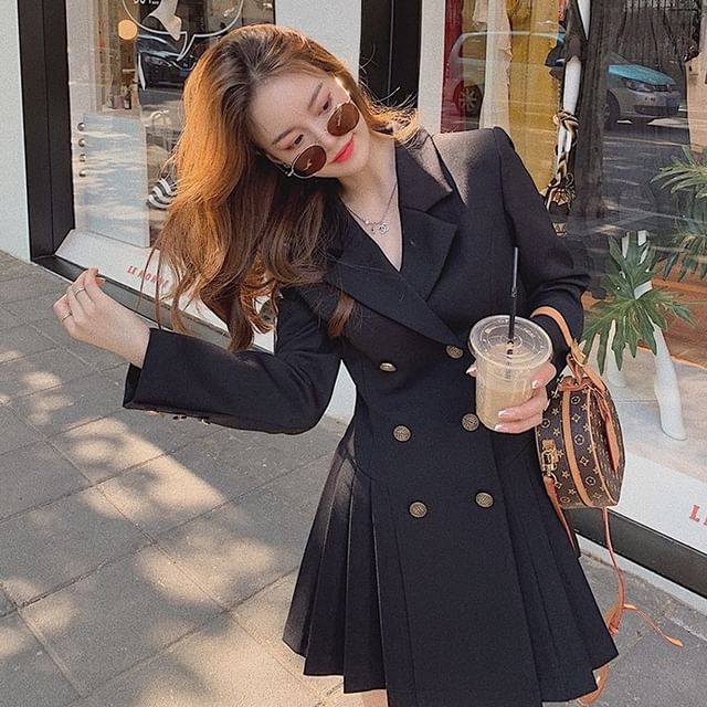 Happo-Long-Sleeve Plain Double-Breasted Pleated Mini Blazer Dress
