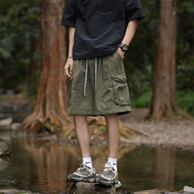 Lorencho-Drawstring Waist Plain Cargo Shorts