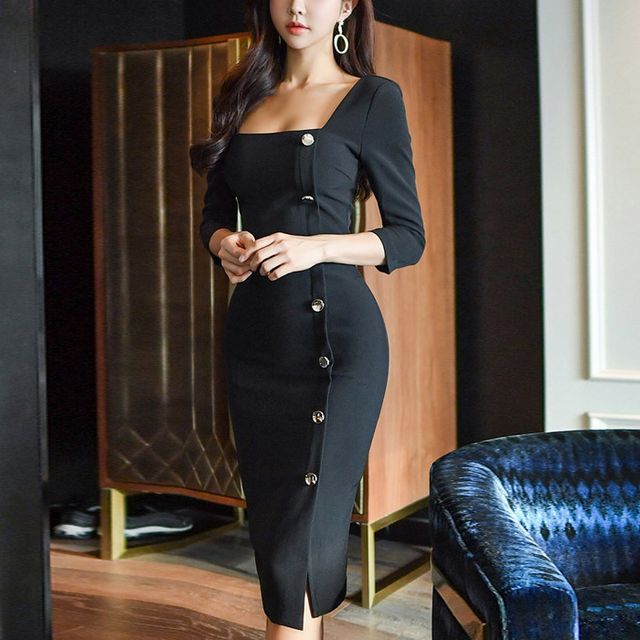 Cassidy - 3/4-Sleeve Square-Neck Midi Sheath Dress | YesStyle