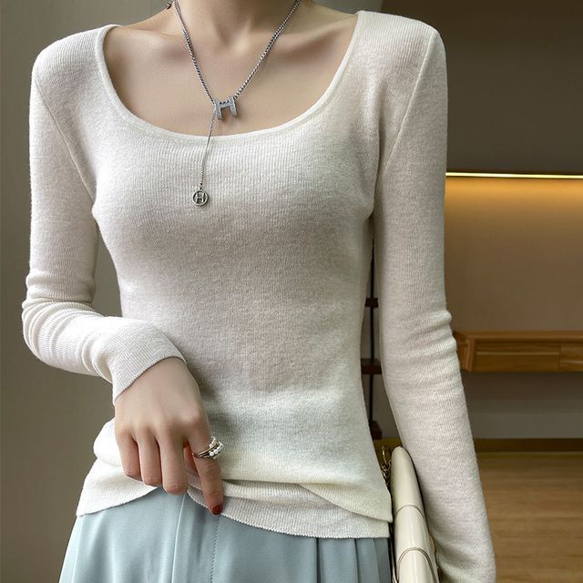 Weelop-Long-Sleeve Scoop Neck Plain Knit Top